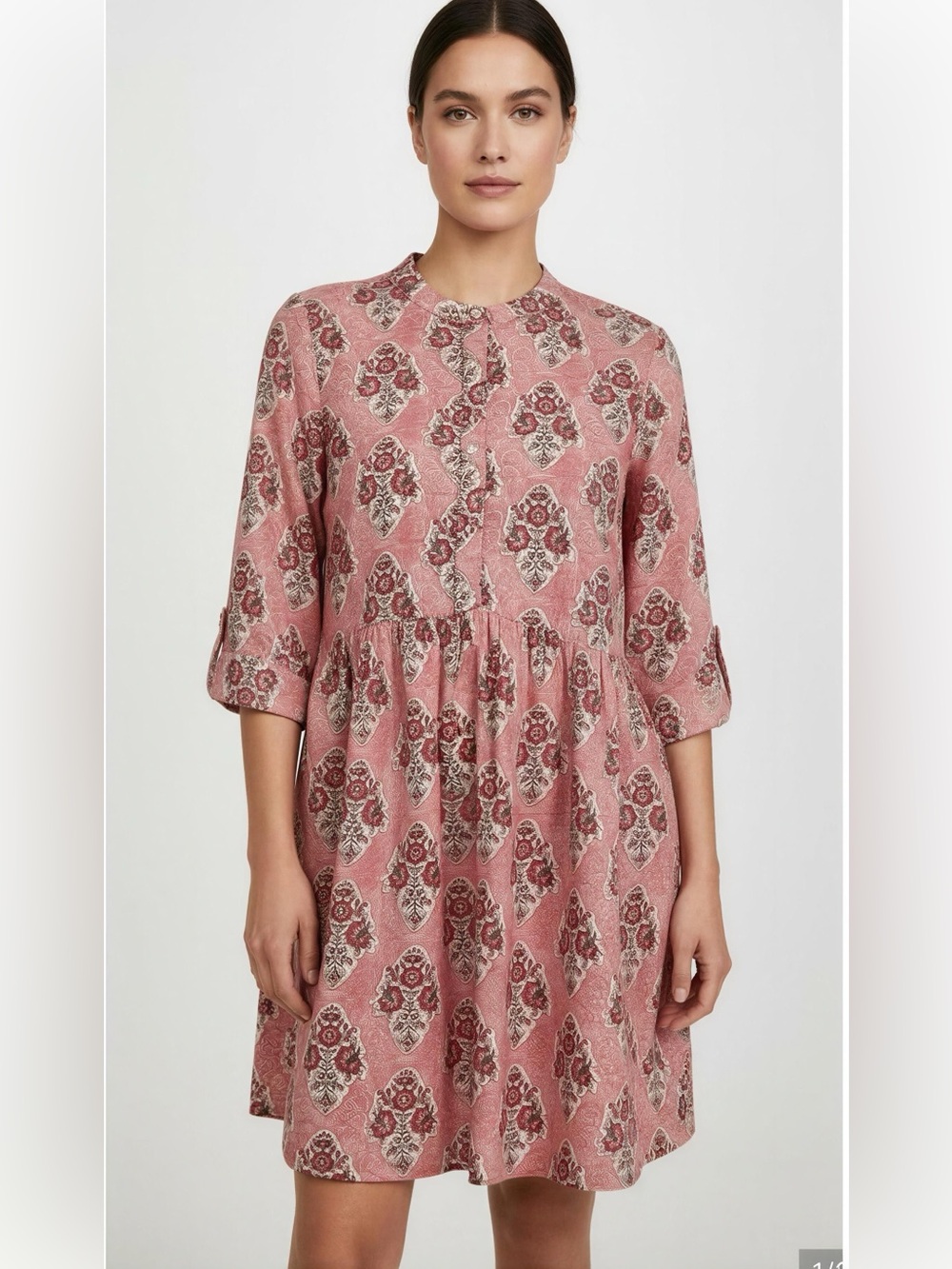 Printed Pink Mini Dress with Button Front